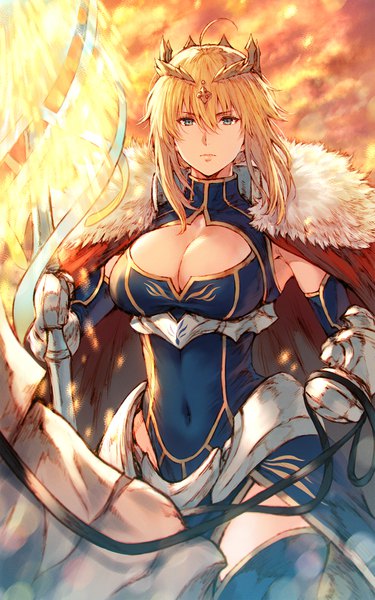 Anime picture 1313x2100 with fate (series) fate/grand order artoria pendragon (all) artoria pendragon (lancer) dun stallion makimura shunsuke single tall image looking at viewer fringe short hair breasts blue eyes light erotic blonde hair hair between eyes large breasts holding payot cleavage