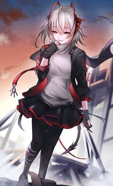 Anime picture 1000x1638 with arknights w (arknights) haku wi single tall image fringe short hair hair between eyes red eyes looking away silver hair ahoge outdoors horn (horns) open jacket adjusting clothes girl skirt gloves miniskirt