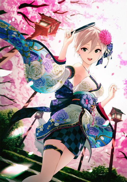 Anime picture 1050x1500 with idolmaster idolmaster cinderella girls idolmaster cinderella girls starlight stage shiomi shuuko motoki (hisano motoki) single tall image looking at viewer fringe short hair open mouth blonde hair hair between eyes bare shoulders holding outdoors long sleeves traditional clothes japanese clothes hair flower