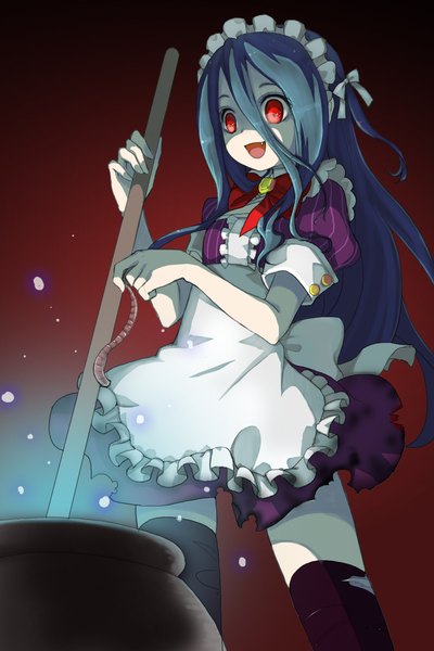 Anime picture 1500x2250 with sword girls juke single long hair tall image open mouth hair between eyes red eyes holding :d aqua hair from below glowing shaded face crazy smile crazy empty eyes crazy eyes girl thighhighs