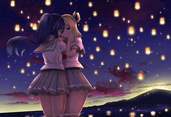 Anime picture 2184x1492 with love live! sunshine!! sunrise (studio) love live! matsuura kanan ohara mari orein long hair highres blonde hair multiple girls brown eyes blue hair ponytail night tears shoujo ai girl skirt uniform 2 girls