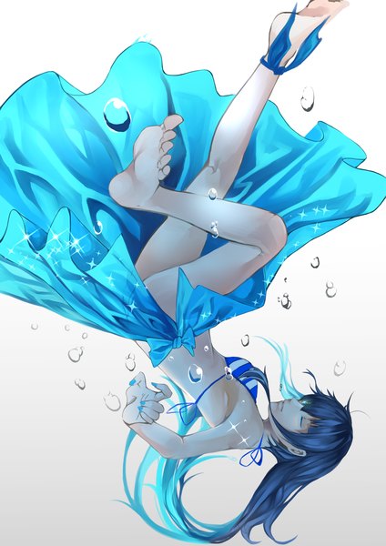 Anime picture 1202x1700 with original hitotose hirune single long hair tall image fringe breasts light erotic blue hair eyes closed nail polish multicolored hair barefoot fingernails lips two-tone hair bare legs legs underwater upside down