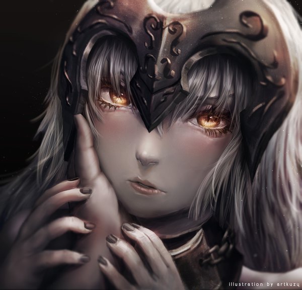 Anime picture 1387x1332 with fate (series) fate/grand order jeanne d'arc (fate) (all) jeanne d'arc alter (fate) jeanne d'arc alter (avenger) (third ascension) (fate) artofkuzu long hair looking at viewer blush fringe simple background hair between eyes signed yellow eyes silver hair nail polish parted lips lips realistic solo focus