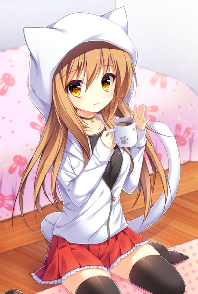 Anime picture 1378x2039 with original nagisa rio single long hair tall image looking at viewer blush fringe blonde hair hair between eyes sitting holding animal ears yellow eyes indoors tail long sleeves animal tail pleated skirt cat ears