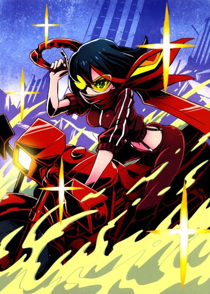 Anime picture 996x1394 with kill la kill studio trigger matoi ryuuko senketsu k (katokenrock) tall image short hair green eyes blue hair red hair multicolored hair wind two-tone hair bare belly midriff streaked hair dust driving girl navel