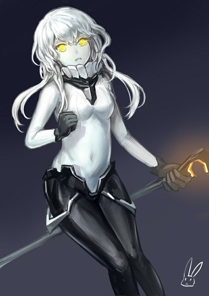 Anime picture 800x1131 with kantai collection wo-class aircraft carrier kirigaku luo single long hair tall image looking at viewer fringe open mouth holding yellow eyes white hair covered navel glowing dark background glowing eye (eyes) glow knees touching shinkaisei-kan girl
