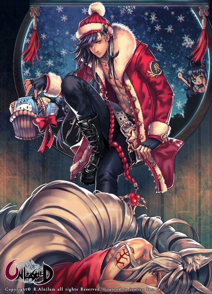 Anime picture 600x831 with unleashed r.alnilam long hair tall image fringe blue eyes animal ears yellow eyes purple hair silver hair tail multiple boys tattoo christmas multiple tails merry christmas girl boy gloves boots