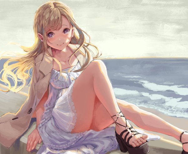 Anime picture 2501x2047 with original okuma mai single long hair looking at viewer blush fringe highres light erotic smile brown hair sitting purple eyes outdoors wind clothes on shoulders platform heels girl dress earrings