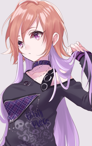 Anime picture 635x1000 with idolmaster idolmaster cinderella girls ninomiya asuka sinsihukunokonaka single long hair tall image fringe simple background hair between eyes brown hair purple eyes looking away purple hair upper body multicolored hair grey background two-tone hair holding hair glitter stage