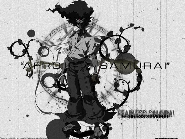 Anime picture 1600x1200 with afro samurai single black hair standing monochrome afro boy weapon earrings shirt sword bracelet katana sandals