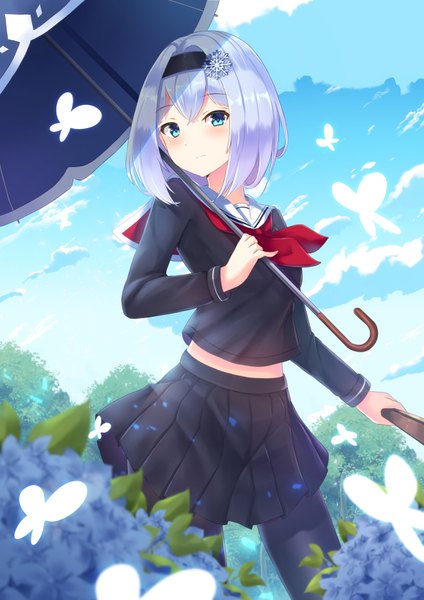 Anime picture 2315x3274 with ryuuou no oshigoto! sora ginko holmemee single tall image looking at viewer blush fringe highres short hair blue eyes hair between eyes standing holding sky silver hair cloud (clouds) outdoors pleated skirt midriff