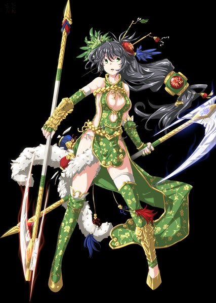 Anime picture 2209x3106 with league of legends akali (league of legends) kaho single long hair tall image highres open mouth light erotic black hair green eyes cleavage japanese clothes black background girl hair ornament weapon