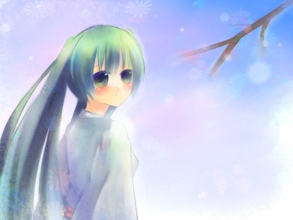 Anime picture 1600x1200 with vocaloid hatsune miku hinanosuke single long hair looking at viewer blush fringe twintails green eyes sky upper body outdoors long sleeves looking back green hair lens flare girl branch