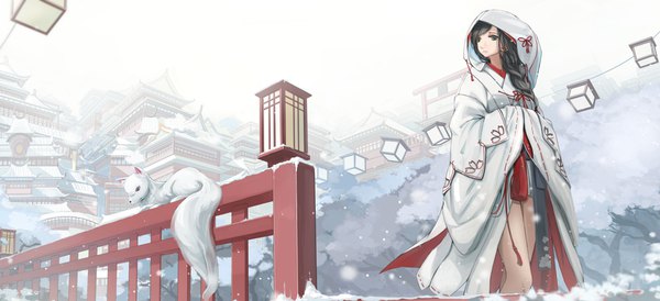 Anime picture 2000x914 with original kikivi single long hair highres black hair wide image looking away braid (braids) traditional clothes japanese clothes black eyes snowing winter snow miko architecture east asian architecture girl animal