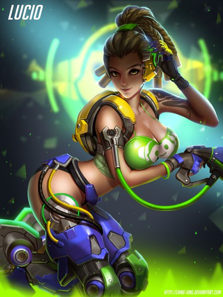 Anime picture 6000x8000 with overwatch blizzard entertainment lucio (overwatch) liang xing single long hair tall image looking at viewer highres breasts light erotic brown hair green eyes signed absurdres full body bent knee (knees) parted lips arm up lips
