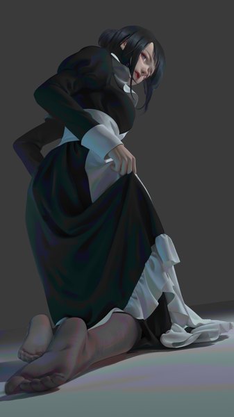 Anime picture 1687x3000 with original llmonstrol single tall image blush fringe short hair black hair simple background purple eyes holding payot looking away full body long sleeves lips from behind realistic grey background maid