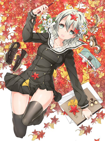 Anime picture 747x1000 with original juna single tall image looking at viewer short hair open mouth blue eyes white hair lying girl thighhighs uniform flower (flowers) black thighhighs school uniform animal leaf (leaves) squirrel