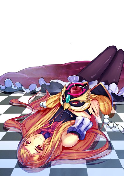 Anime picture 2480x3507 with mawaru penguindrum takakura himari xiaoai single long hair tall image highres smile red eyes lying orange hair on back checkered floor girl dress