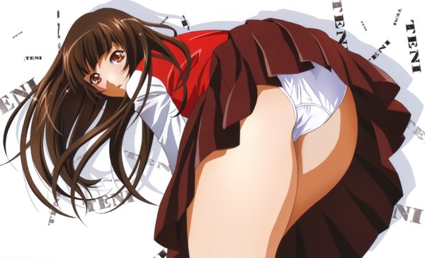Anime picture 3139x1906 with ikkitousen teni rin sin long hair fringe highres light erotic simple background brown hair wide image white background absurdres ass looking back inscription shadow orange eyes leaning pantyshot leaning forward