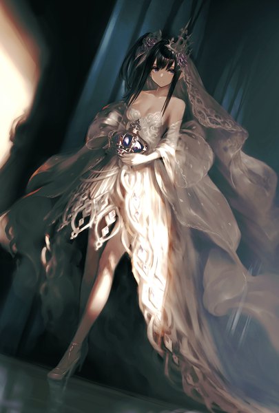 Anime picture 1080x1600 with original garuku single long hair tall image fringe breasts black hair standing purple eyes bare shoulders payot looking away cleavage full body hair flower from below high heels dutch angle side ponytail