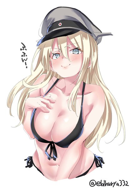 Anime picture 991x1400 with kantai collection bismarck battleship ebifurya single long hair tall image looking at viewer blush fringe breasts light erotic simple background blonde hair hair between eyes large breasts white background bare shoulders signed payot cleavage