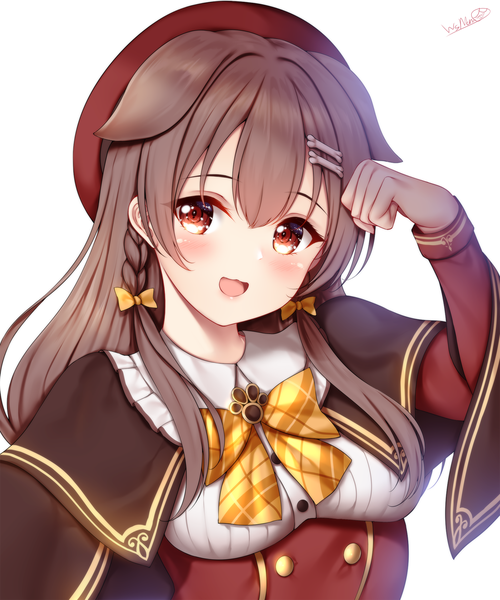 Anime picture 1600x1920 with virtual youtuber hololive inugami korone wsman single long hair tall image looking at viewer blush fringe open mouth simple background smile hair between eyes brown hair brown eyes signed animal ears upper body braid (braids)