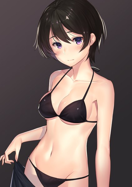 Anime picture 1276x1805 with original kagematsuri single tall image looking at viewer blush fringe short hair light erotic black hair simple background hair between eyes purple eyes underboob groin dark background girl navel swimsuit bikini