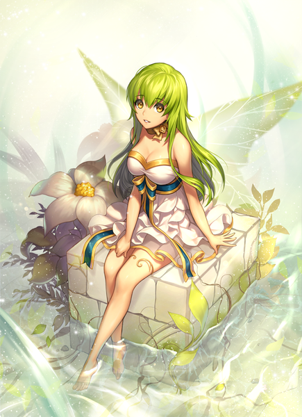Anime picture 650x895 with original metto single long hair tall image looking at viewer fringe sitting bare shoulders yellow eyes cleavage bent knee (knees) barefoot green hair from above light fantasy underbust insect wings soaking feet