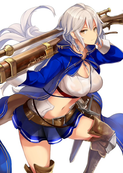 Anime picture 1254x1771 with granblue fantasy silva (granblue fantasy) haik single long hair tall image looking at viewer fringe breasts light erotic simple background smile hair between eyes large breasts standing white background brown eyes payot cleavage silver hair