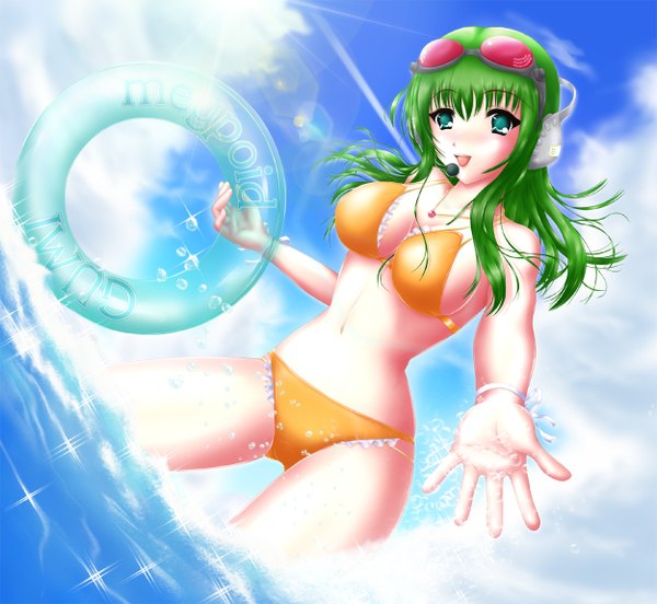 Anime picture 1250x1150 with vocaloid gumi nohoho (kakikonchi) single long hair open mouth green eyes green hair girl navel swimsuit bikini headphones goggles swim ring