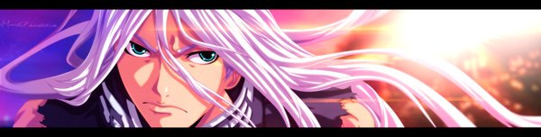 Anime picture 1540x391 with katekyou hitman reborn superbi squalo eroishi single long hair wide image green eyes white hair sunlight coloring torn clothes evening sunset close-up face boy