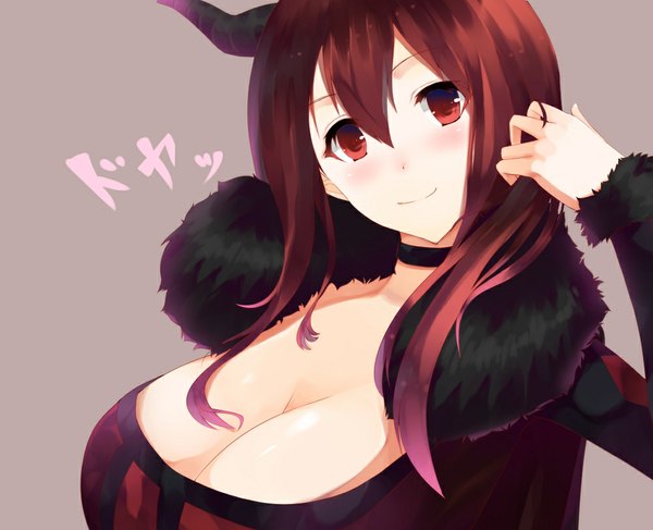 Anime picture 1000x813 with maoyuu maou yuusha arms corporation maou (maoyuu) iori (cpeilad) long hair looking at viewer breasts light erotic large breasts red hair horn (horns) girl
