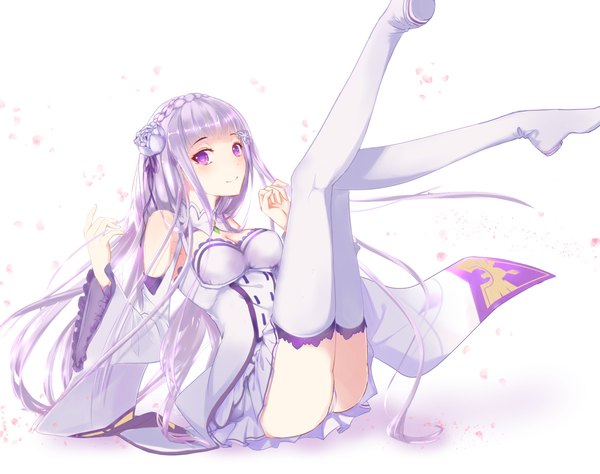 Anime picture 2367x1873 with re:zero kara hajimeru isekai seikatsu white fox emilia (re:zero) louz single long hair looking at viewer blush fringe highres light erotic simple background smile white background sitting purple eyes bare shoulders cleavage purple hair full body