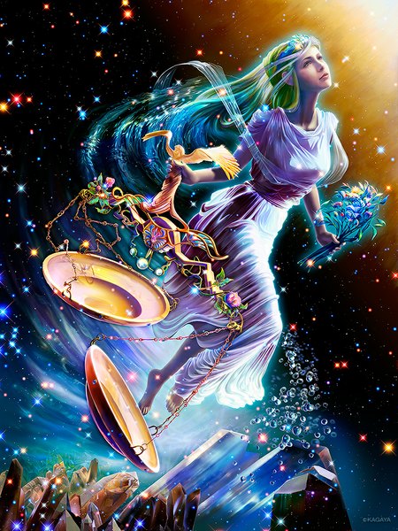 Anime picture 768x1024 with original kagaya single long hair tall image brown eyes looking away multicolored hair barefoot flying fantasy girl dress flower (flowers) star (stars) bubble (bubbles) tiara crystal weighing scale