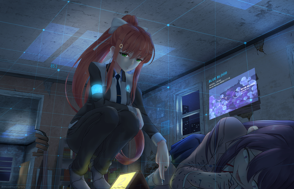 Anime picture 3100x2000 with doki doki literature club detroit: become human monika (doki doki literature club) yuri (doki doki literature club) bilibala long hair fringe highres open mouth smile hair between eyes brown hair multiple girls green eyes payot purple hair full body bent knee (knees) indoors lying