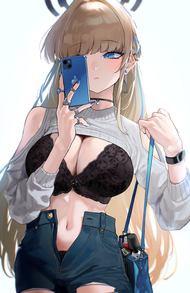 Anime picture 1693x2612 with blue archive toki (blue archive) kazane-wind single long hair tall image blush fringe breasts blue eyes light erotic simple background blonde hair large breasts standing white background bare shoulders holding looking away cleavage