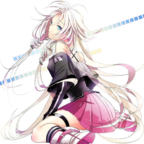 Anime picture 1772x1772 with vocaloid ia (vocaloid) iria (yumeirokingyo) long hair looking at viewer highres blue eyes simple background white background bare shoulders white hair braid (braids) long sleeves twin braids back girl thighhighs skirt uniform boots