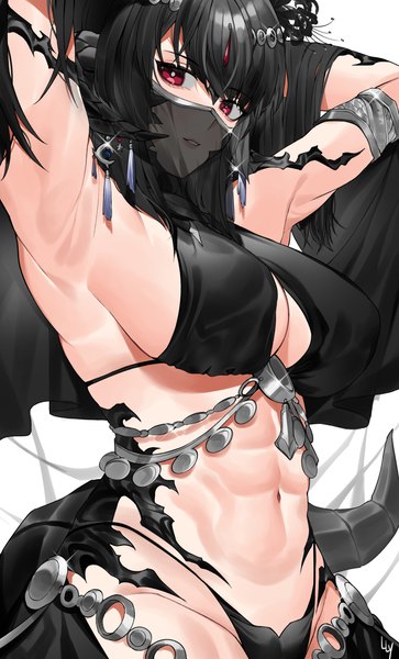 Anime picture 2600x4300 with final fantasy final fantasy xiv square enix au ra lilycious single long hair tall image looking at viewer fringe highres breasts light erotic black hair hair between eyes red eyes large breasts standing white background payot