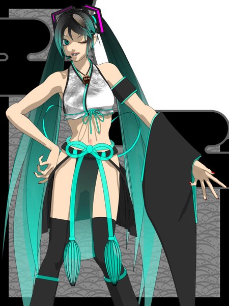 Anime picture 1125x1500 with vocaloid bacterial contamination (vocaloid) hatsune miku deino tall image twintails bare shoulders very long hair one eye closed aqua eyes wink aqua hair hand on hip girl thighhighs navel hair ornament black thighhighs detached sleeves earrings