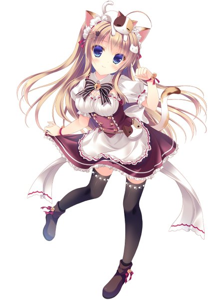 Anime picture 1024x1419 with nyan cafe macchiato nekomori mike yukie (peach candy) single long hair tall image looking at viewer blush blue eyes blonde hair simple background smile white background animal ears game cg tail animal tail cat ears maid cat girl