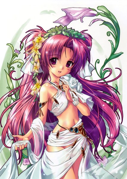 Anime picture 4432x6244 with maburaho j.c. staff miyama yuuna komatsu eiji single long hair tall image looking at viewer blush highres open mouth light erotic purple eyes pink hair absurdres hair flower scan midriff girl navel