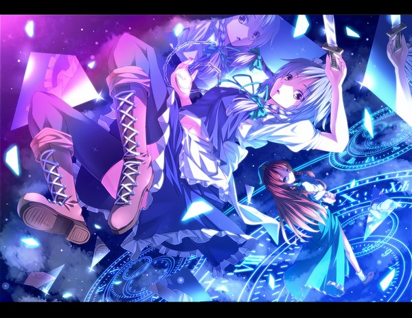 Anime picture 1000x773 with touhou izayoi sakuya hong meiling ryosios long hair short hair blue eyes red eyes multiple girls white hair red hair braid (braids) looking back maid magic reflection girl thighhighs weapon black thighhighs
