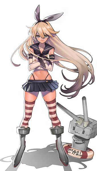 Anime picture 1237x2176 with kantai collection shimakaze destroyer rensouhou-chan arutera single long hair tall image looking at viewer blush simple background blonde hair white background pleated skirt shadow grey eyes crossed arms :3 girl thighhighs skirt