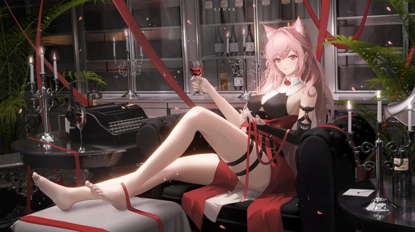 Anime picture 5000x2800 with arknights pozyomka (arknights) ling dianxia single long hair looking at viewer fringe highres open mouth hair between eyes wide image sitting bare shoulders holding signed animal ears pink hair absurdres full body bent knee (knees)