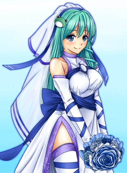 Anime picture 1100x1500 with touhou kochiya sanae hozenkakari single long hair tall image blue eyes smile bare shoulders green hair gradient background girl thighhighs dress gloves hair ornament flower (flowers) white thighhighs elbow gloves bouquet