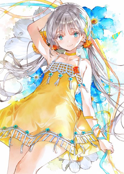 Anime picture 1428x2000 with original dsmile single long hair tall image looking at viewer blush fringe blue eyes smile twintails arm up hair flower grey hair sleeveless arm behind head floral background girl dress flower (flowers)