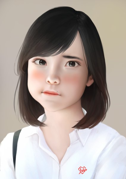 Anime picture 1920x2716 with real life ditta amelia saraswati jubi (regiana) single tall image looking at viewer highres short hair black hair simple background signed parted lips black eyes lipstick pout no glasses girl shirt white shirt