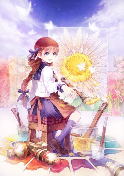 Anime picture 1000x1415 with original oekaki musume (qpixiv) hakou (barasensou) single long hair tall image blush open mouth blue eyes brown hair sitting sky cloud (clouds) full body braid (braids) looking back drawing painting girl flower (flowers)