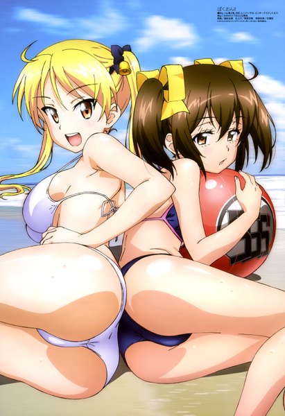 Anime picture 4079x5945 with bakuon!! megami magazine suzunoki rin nakano chisame long hair tall image looking at viewer highres short hair open mouth light erotic blonde hair brown hair twintails multiple girls brown eyes absurdres official art girl bow