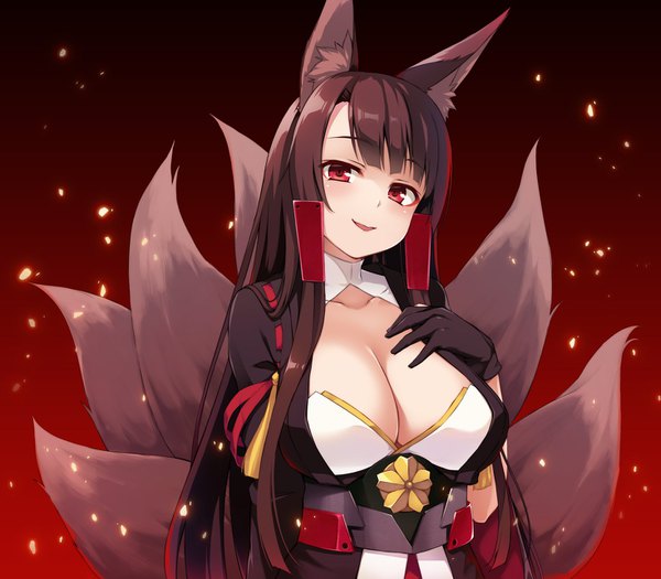 Anime picture 1467x1286 with azur lane akagi (azur lane) yuzu modoki single long hair looking at viewer blush breasts light erotic simple background smile red eyes brown hair large breasts animal ears payot cleavage upper body tail animal tail